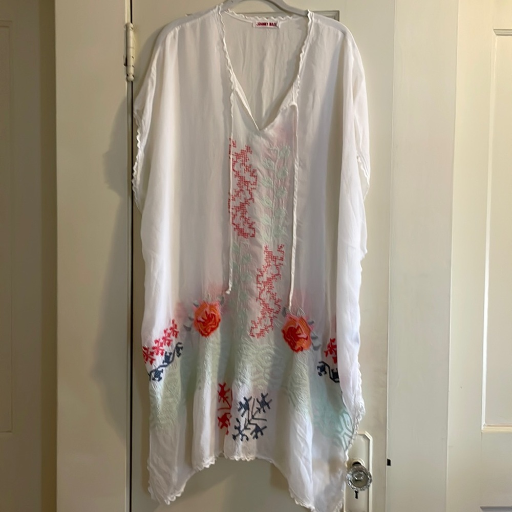 Johnny Was semi sheer embroidered beach coverup, size M